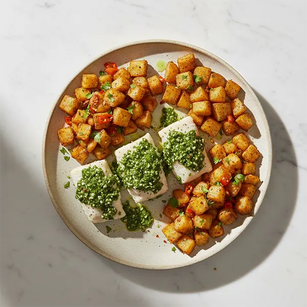 Green Chermoula Fish with Dual Potato Harra